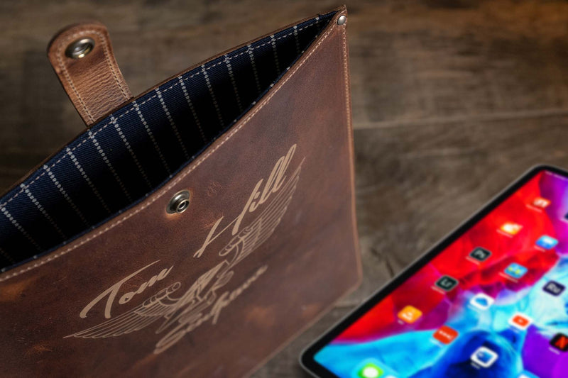 iPad Pro sleeve with logo, pull up leather with fabric lining, brown color