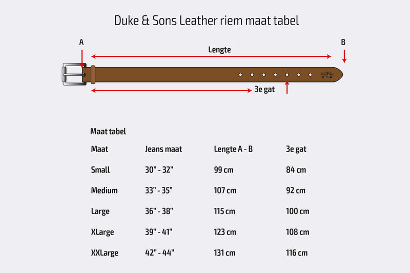 Duke & Sons Leather men's belt size chart in mm