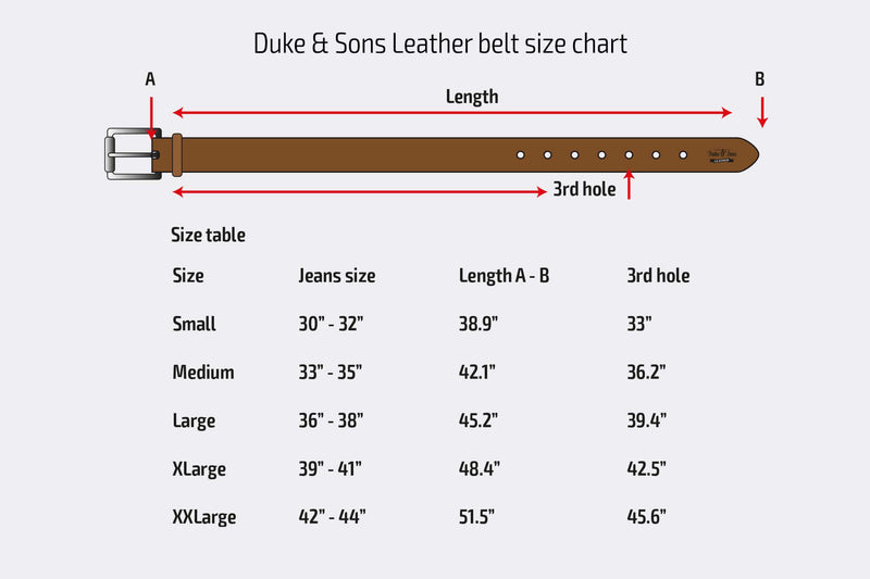 Duke & Sons Leather men's belt size chart inches