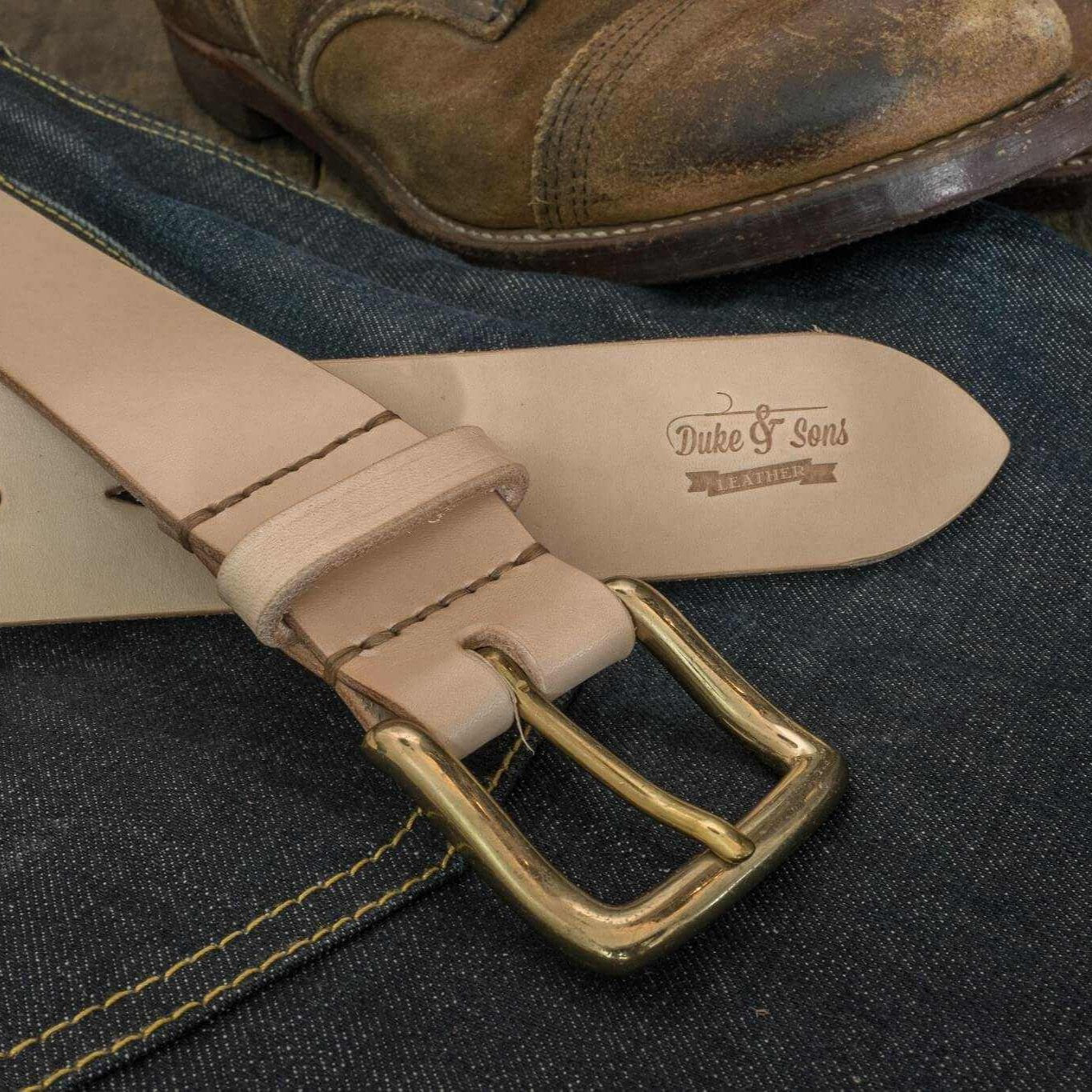 Belt, natural color, vegetan leather, hand stitched. solid brass buckle, 40mm (1.57") - Duke & Sons Leather