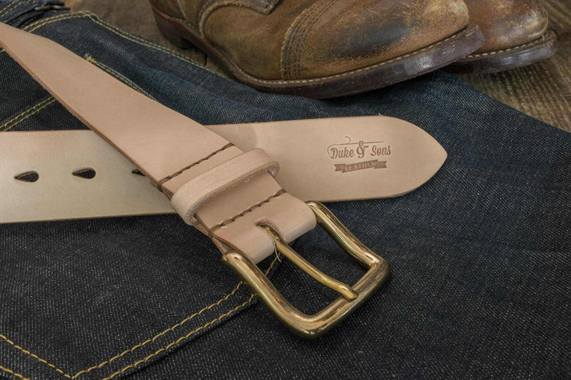 Belt, natural color, vegetan leather, hand stitched. solid brass buckle, 40mm (1.57") - Duke & Sons Leather