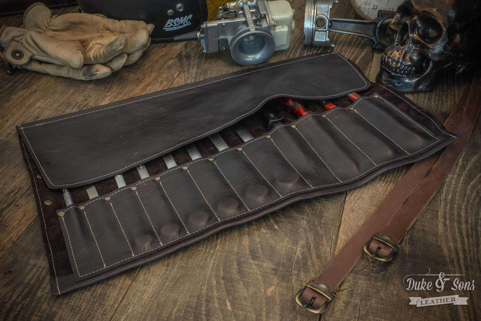 Tool Roll, brown leather, with 2 leather straps. - Duke & Sons Leather