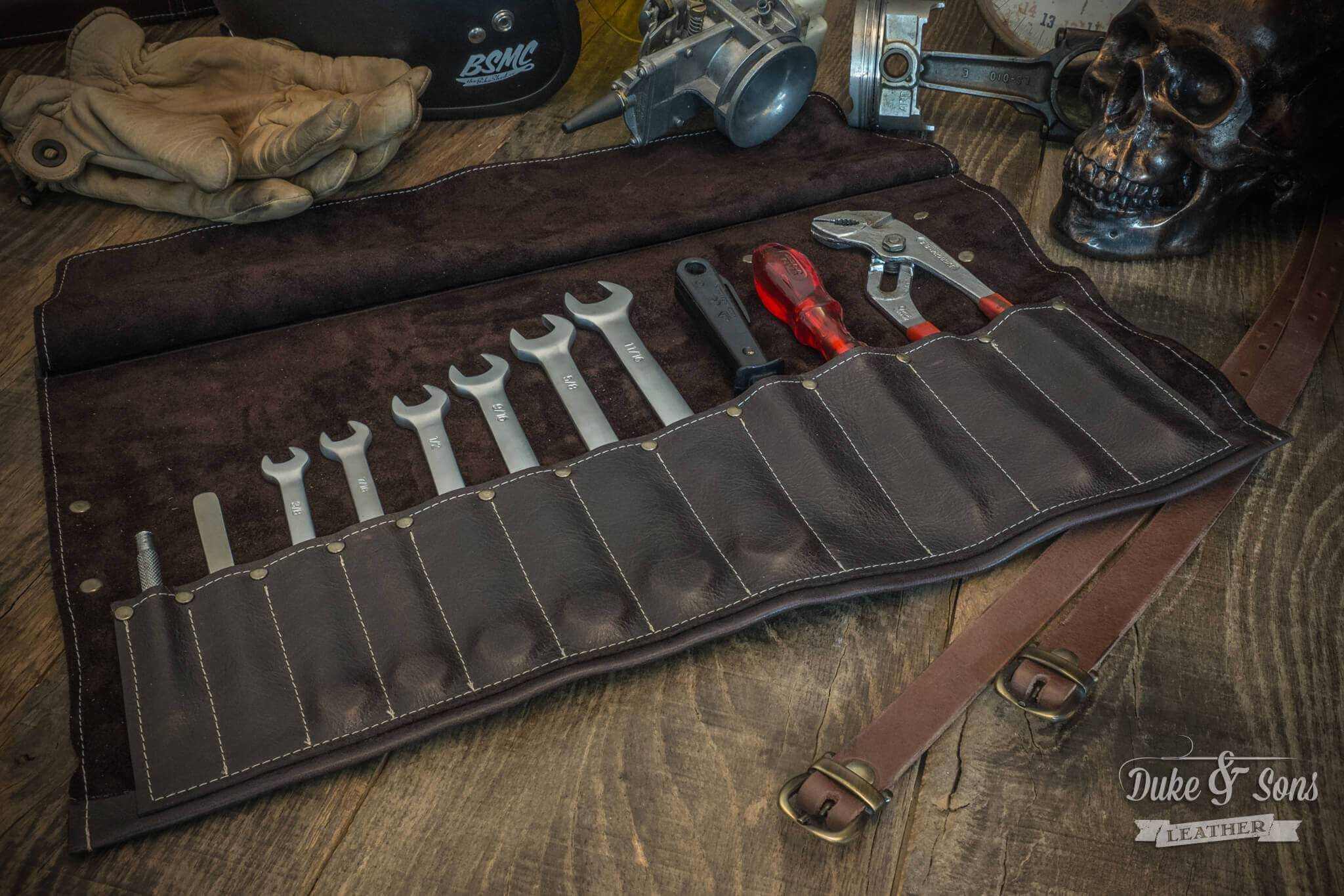 Tool Roll, brown leather, with 2 leather straps. - Duke & Sons Leather