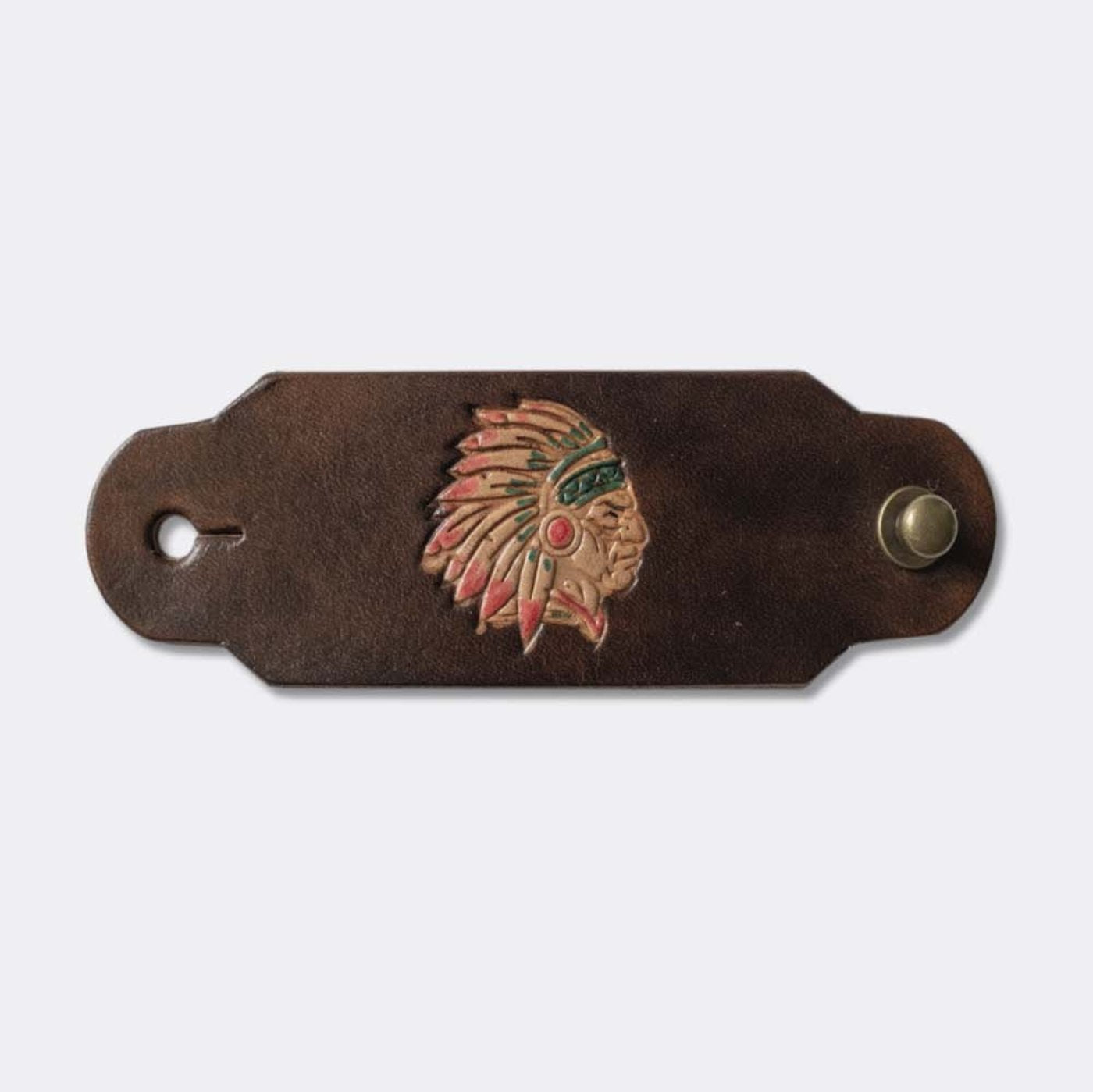 Woggle, bandana / neckerchief slide made from brown leather with an Indian Chief image stamp