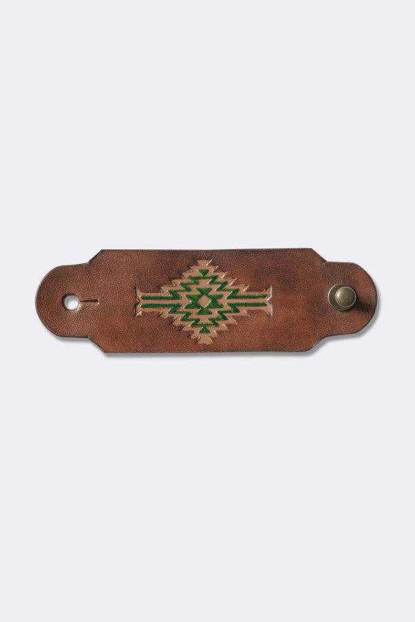 Woggle, bandana / neckerchief slide in cognac leather with a rectangle native pattern stamp