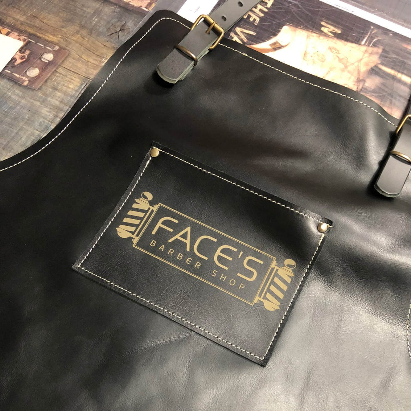 Laser sample in black Barber apron (A-grade Black leather) for the professional barber and hairdresser - Duke & Sons Leather