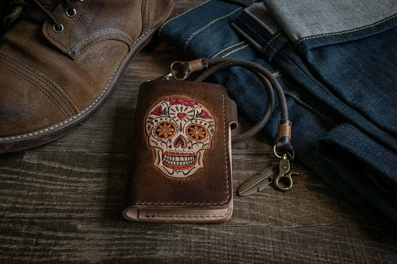 Genuine Light Brown Leather Skull Tattoo Biker Wallet