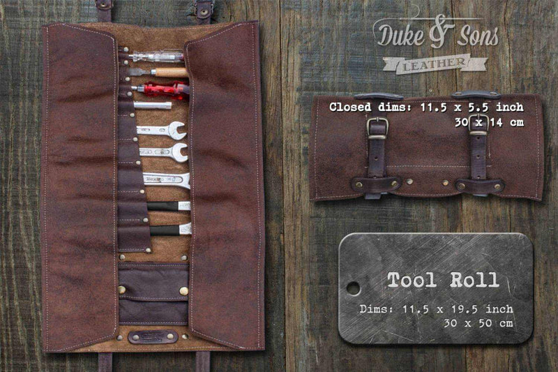 Tool Roll, black leather, with pocket and 2 leather straps. - Duke & Sons Leather