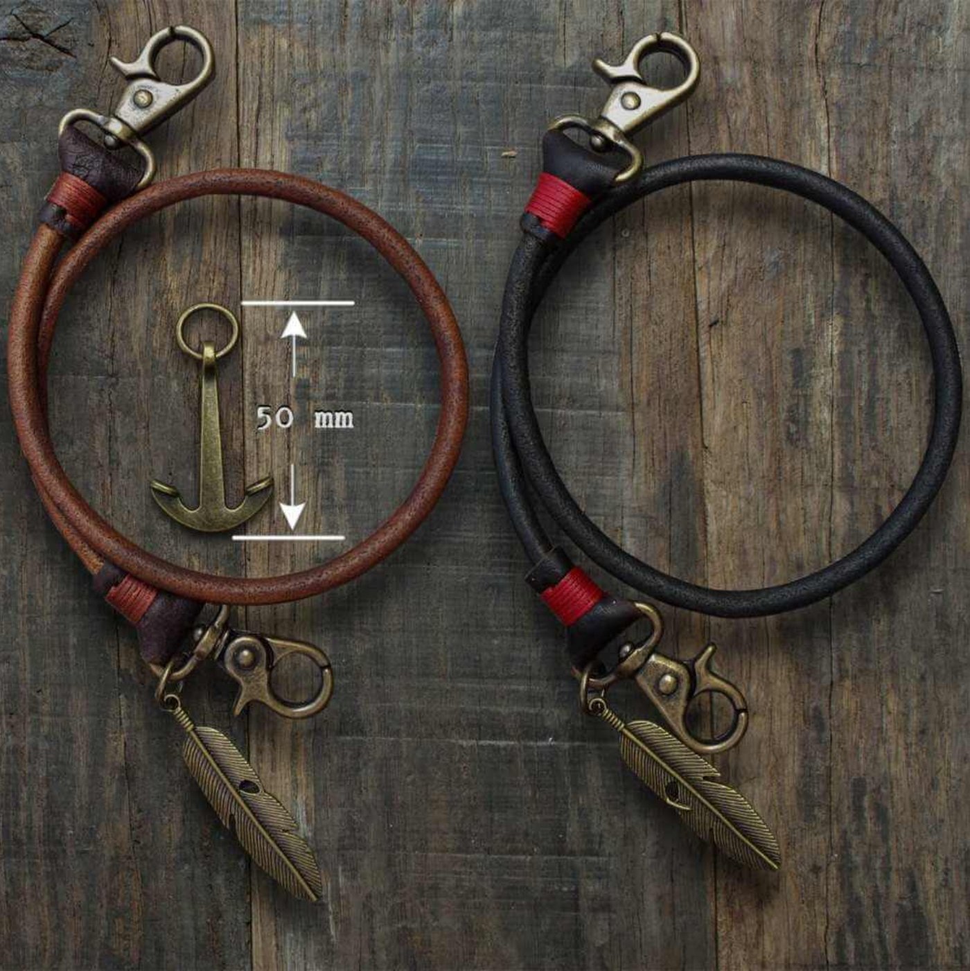 Keychain (Black) 50 cm, with old bronze feather* - Duke & Sons Leather