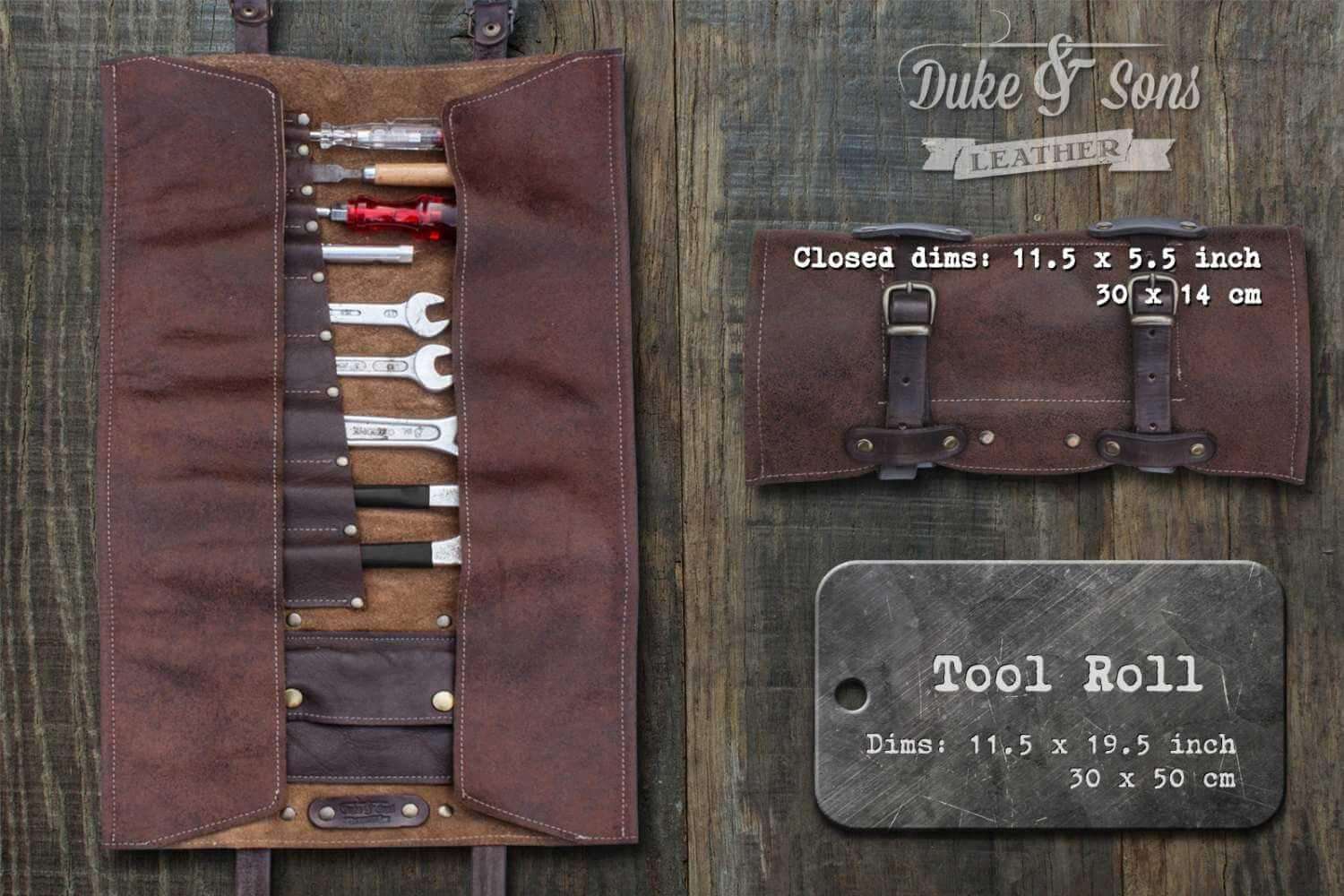 Tool Roll, brown leather, with pocket and 2 leather straps. - Duke & Sons Leather