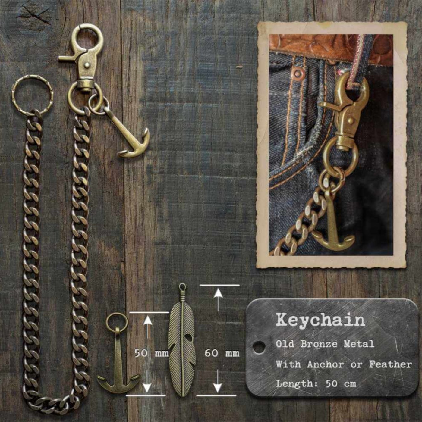 Bronze keychain (50cm) with anchor or feather. - Duke & Sons Leather